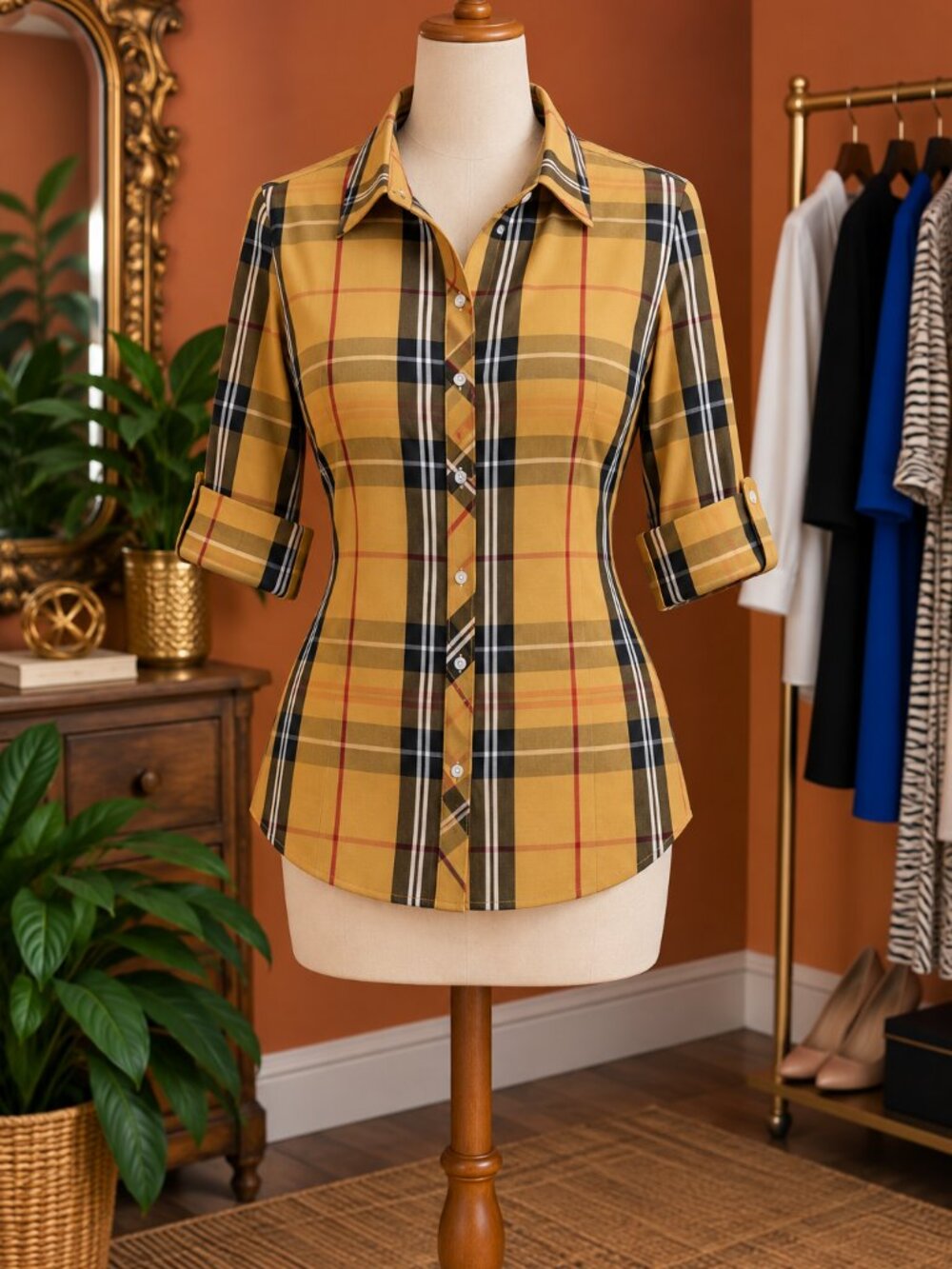 New York & Company Mustard Plaid Button-Down Shirt